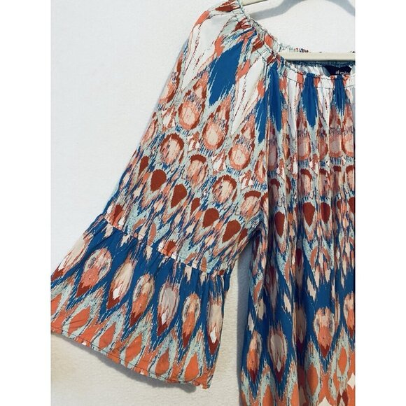 Ali Miles Top Womens XL Abstract Ikat Bell Sleeve Off The Shoulder Boho Peasant - Picture 2 of 7